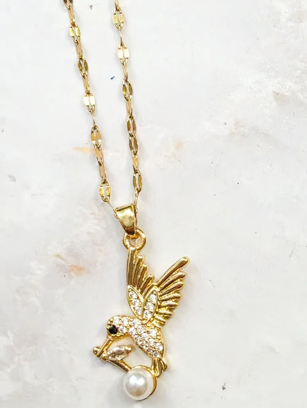Gold Hummingbird Pearl Necklace Dainty Crystal Bird Pendant Sparkly Jewelry